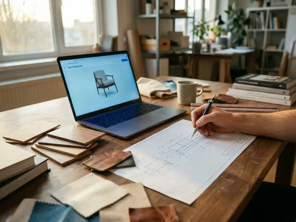 Furniture designer sketching sofa dimensions on drafting paper beside a laptop showing a 3D chair configurator, with wood and fabric samples on a studio desk.