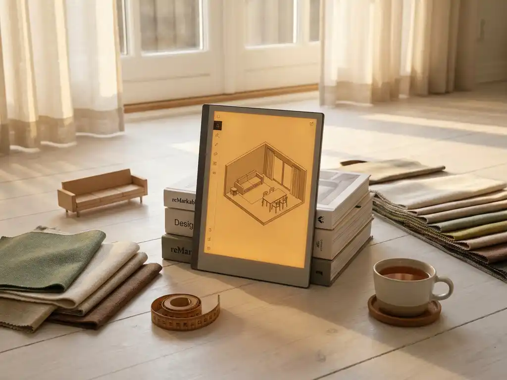 Tablet displaying a 3D furniture layout plan on a Scandinavian living room floor, surrounded by fabric swatches, a sofa model, and a measuring tape.