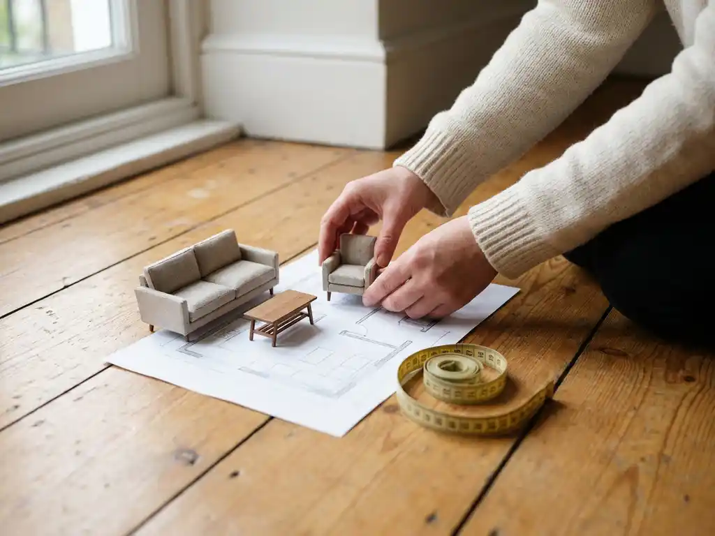 Person arranging miniature sofa, armchair, and coffee table on a hand-drawn room layout sketch atop warm hardwood flooring, measuring tape nearby.