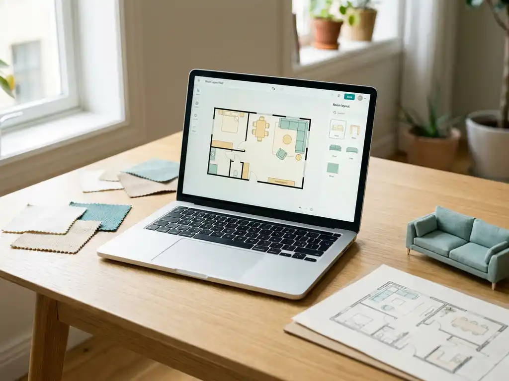 Furniture room planner tool on laptop screen surrounded by fabric swatches, miniature sofa, and floor plan sketch on oak desk.