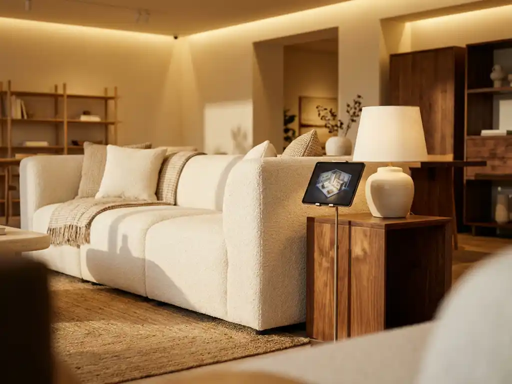 Plush modular sofa in a staged showroom with walnut side tables, textile accents, and a tablet displaying a 3D room layout.