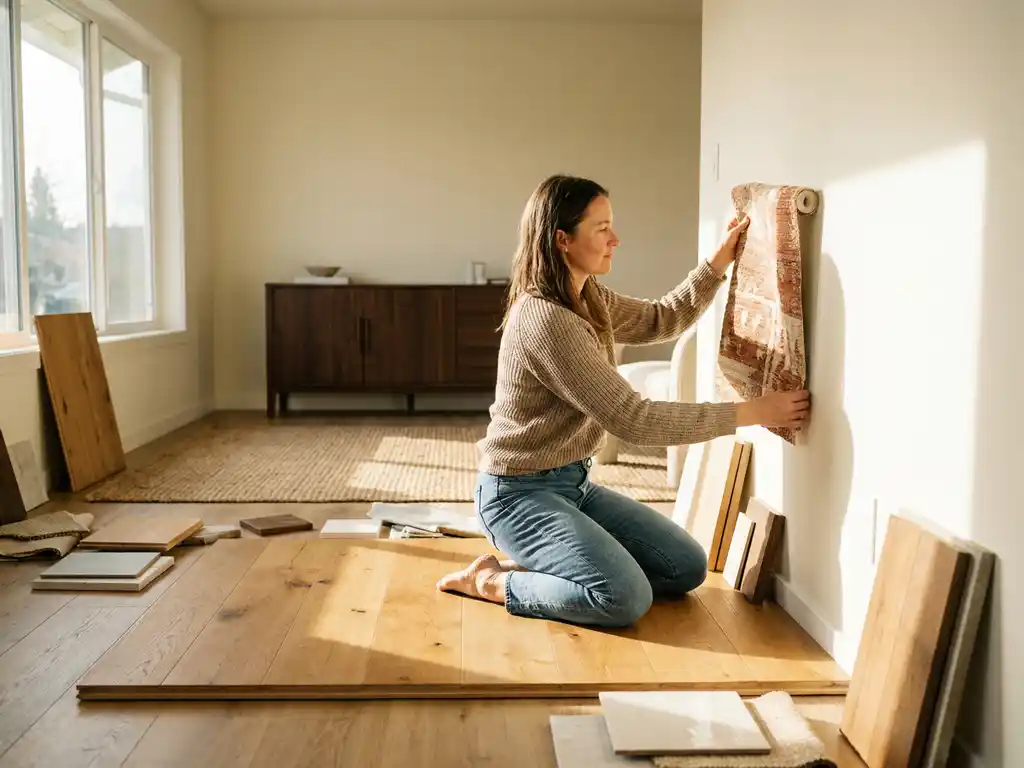 Homeowner kneeling on oak hardwood flooring, comparing textured wallpaper swatches against a painted wall surrounded by material samples.