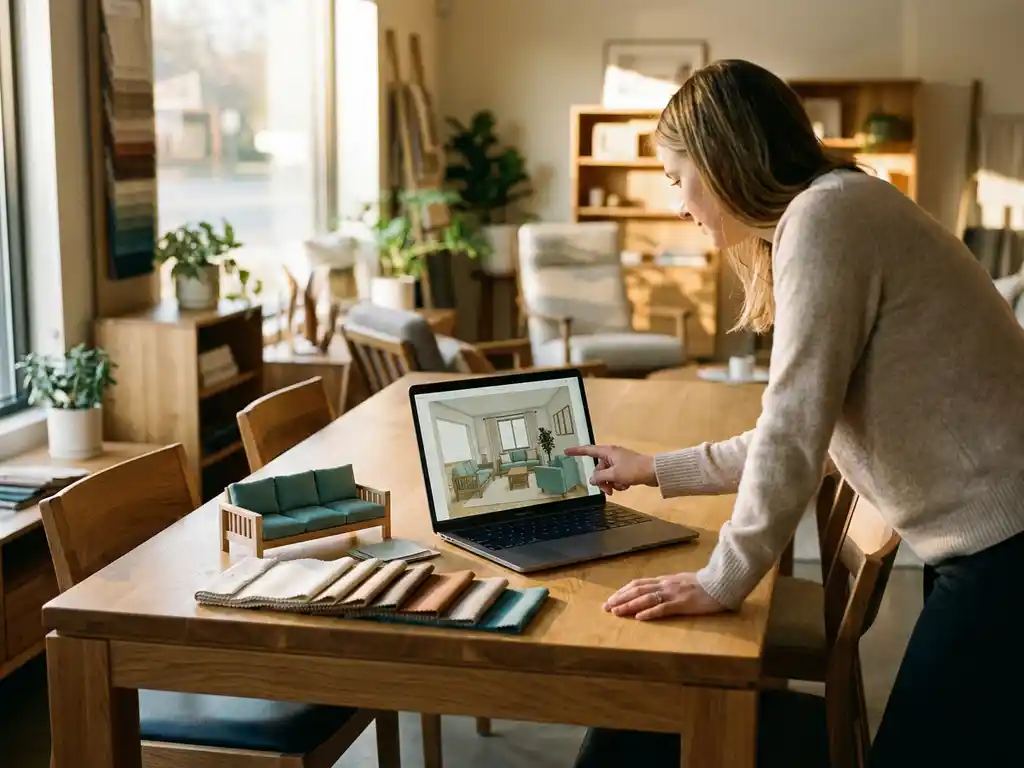 Homeowner reviewing a 3D living room layout on a laptop beside fabric swatches and a sofa model on an oak dining table.