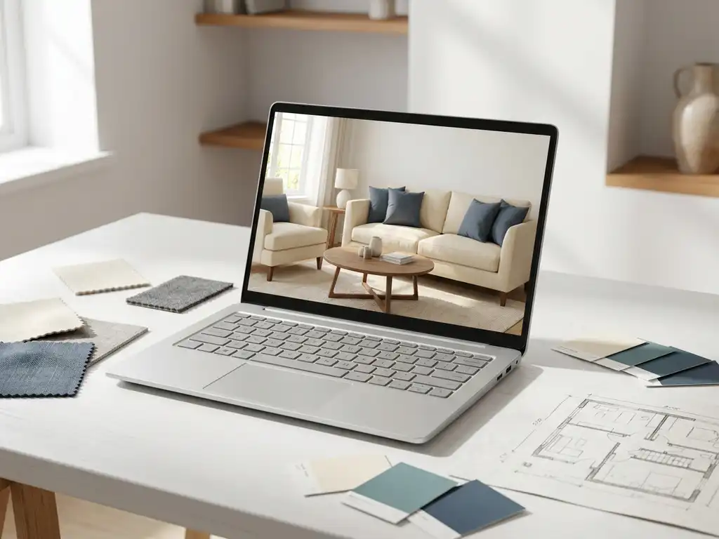 Laptop screen displaying a photorealistic 3D-rendered living room interior, surrounded by fabric swatches, paint chips, and a floor plan sketch on a white desk.
