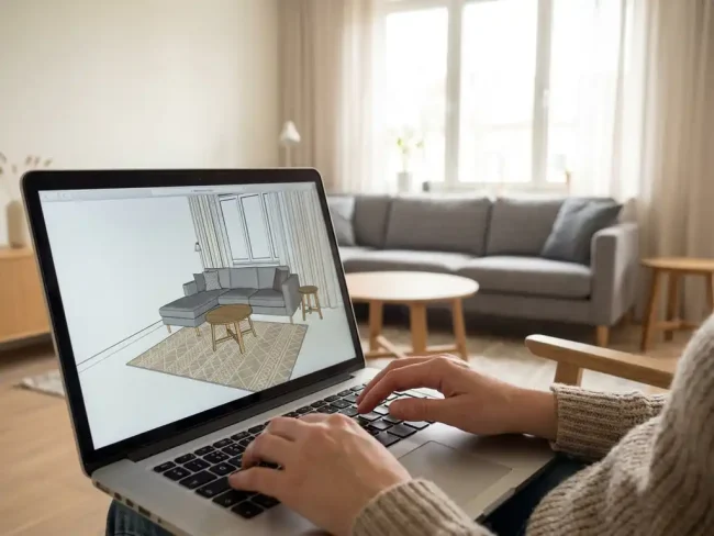Hands hovering over a laptop displaying a 3D room layout, with matching real furniture visible in a Scandinavian living room behind it.
