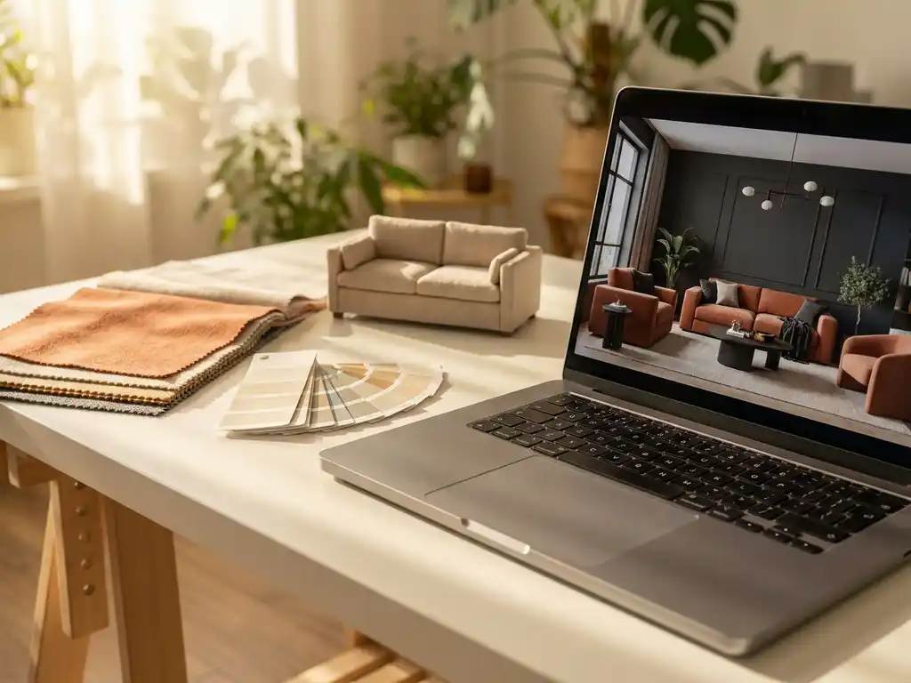 Laptop showing a 3D living room design on a white desk surrounded by fabric swatches, paint chips, and a miniature sofa model in warm golden light.