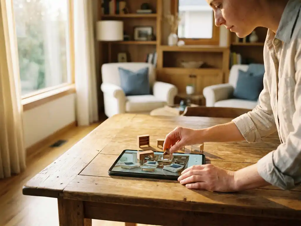 Person arranging miniature furniture on a tablet showing a 3D room layout, warm oak tones and afternoon light, interior design planning tool in use.