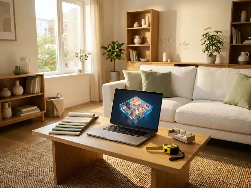 Laptop displaying a glowing 3D floor plan on a coffee table surrounded by fabric swatches, sofa model, and measuring tape in a warmly lit living room.