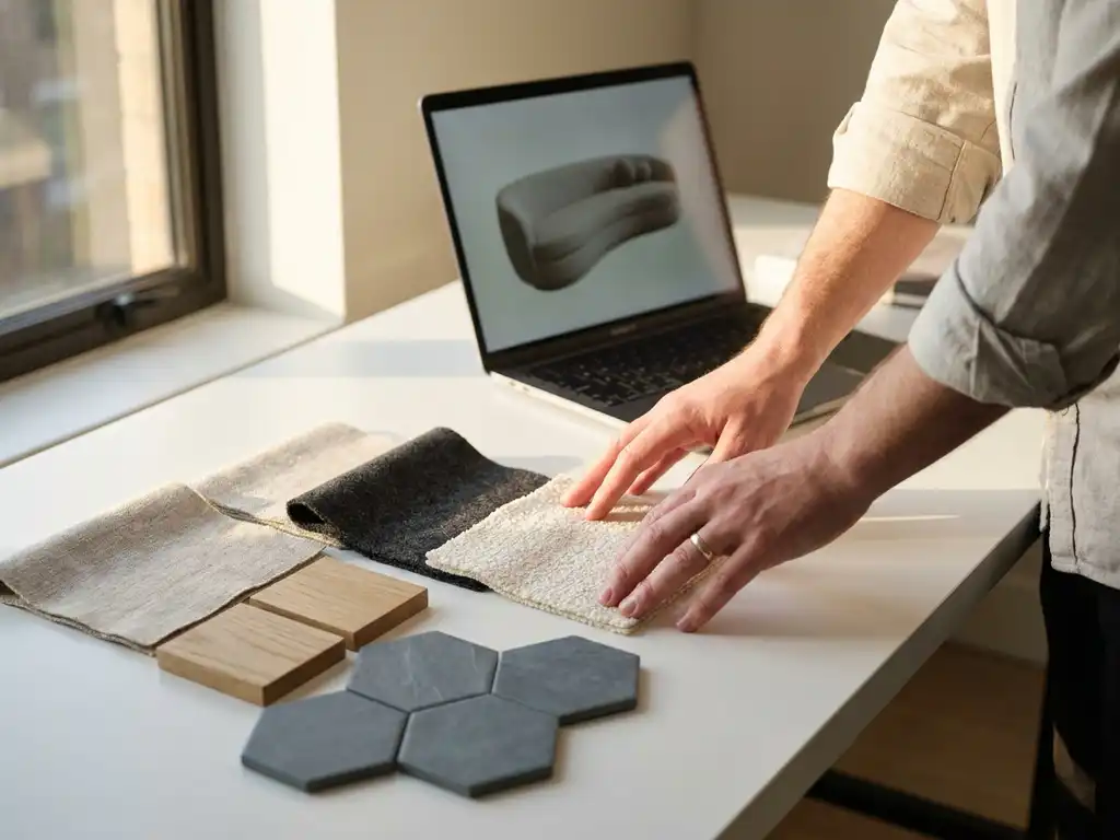 Designer's hands reviewing fabric swatches, wood samples, and material tiles on a white desk beside a laptop showing a 3D sofa model.