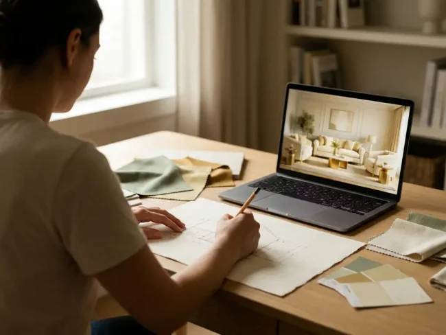 Interior designer sketching a room layout by hand, laptop displaying a 3D living room render, fabric swatches and paint chips nearby.
