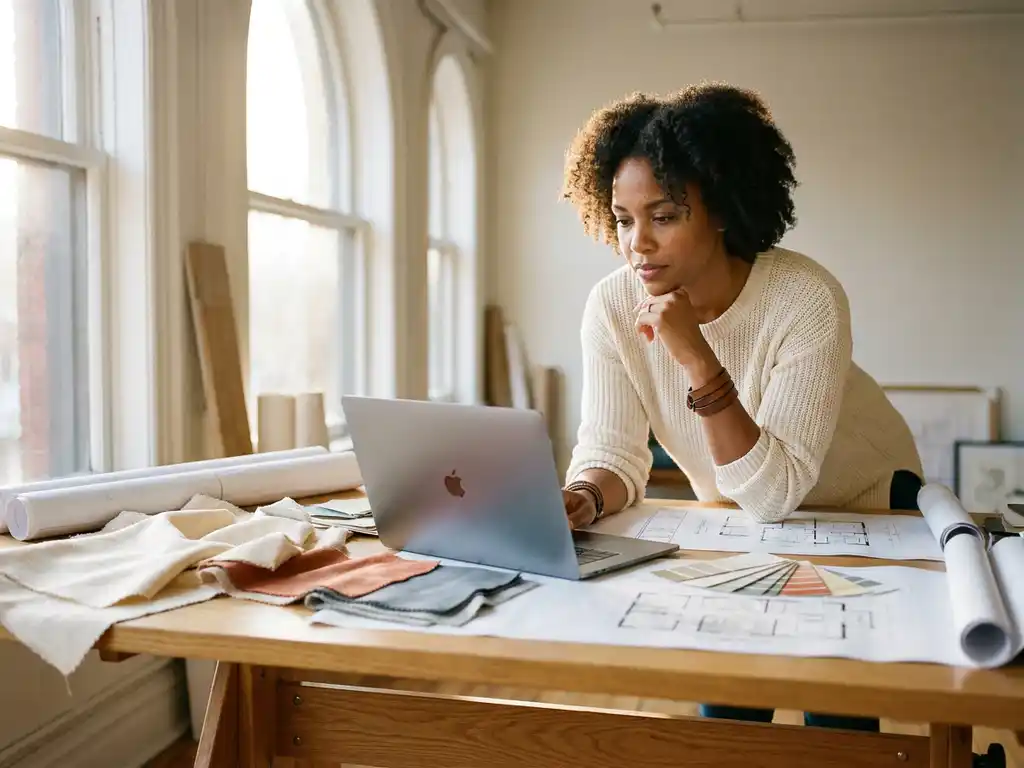 Interior designer reviewing fabric swatches and floor plans on an oak drafting table with a glowing laptop in a sunlit studio.