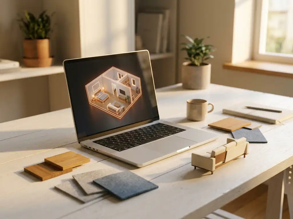 Laptop displaying a glowing 3D room floor plan on a white desk, surrounded by oak and grey furniture swatches and a scale model sofa in warm golden light.