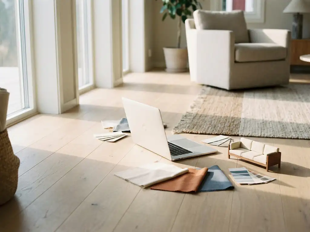 Laptop open on pale oak floor surrounded by fabric swatches, paint chips, and a miniature sofa model during a room design session.