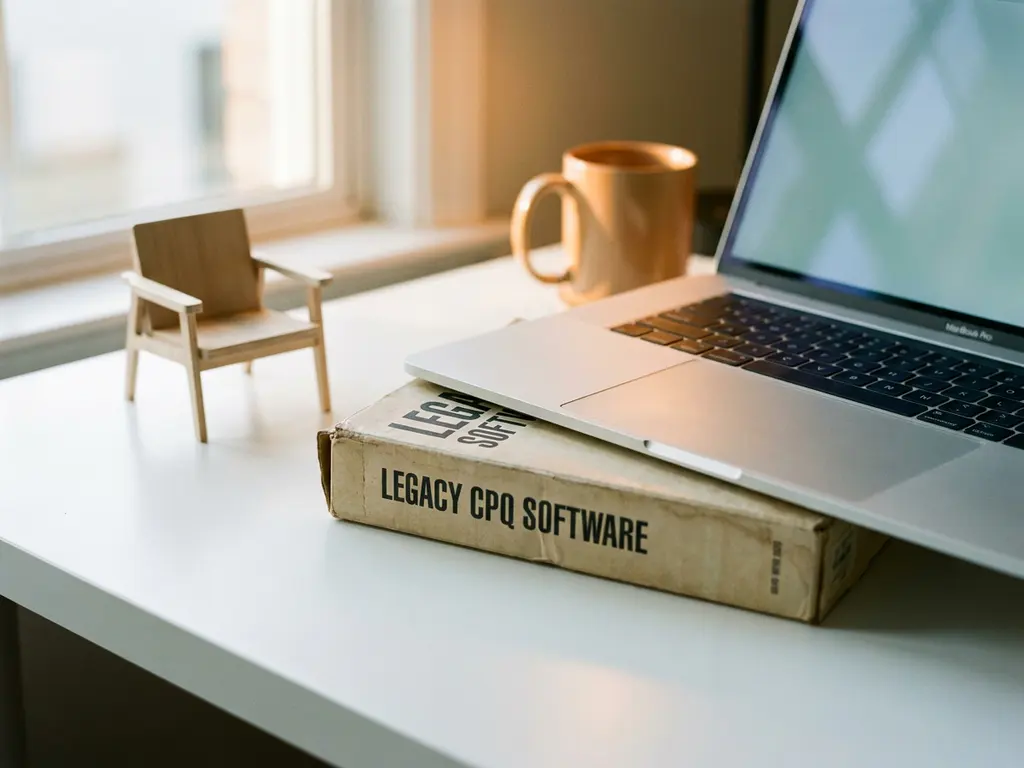 Legacy CPQ software box partially buried under a modern laptop on a white desk, with a 3D furniture model nearby.