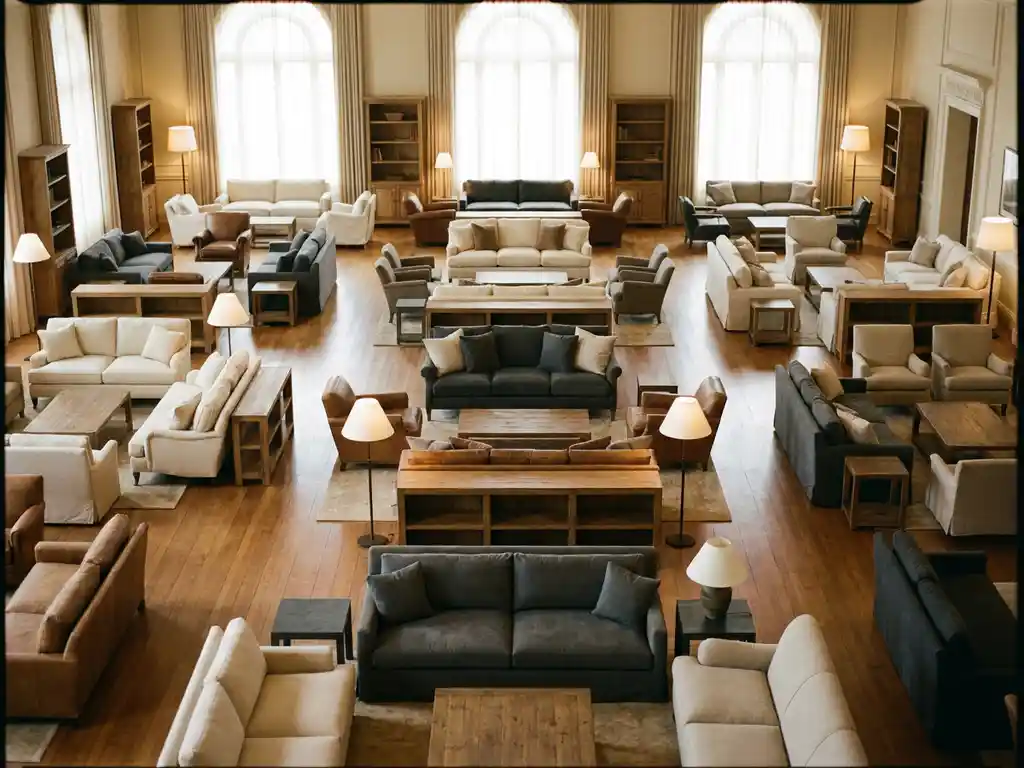 Expansive furniture showroom displaying dozens of sofa configurations, shelving units, and accent chairs in cream, warm oak, and deep slate tones.