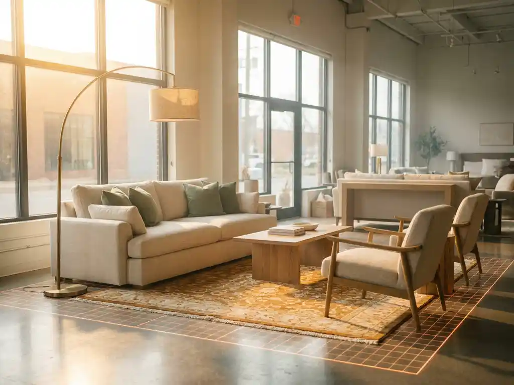 Modern living room set with sofa, coffee table, rug, and floor lamp in warm amber and sage tones, glowing floor grid suggesting furniture layout planning.