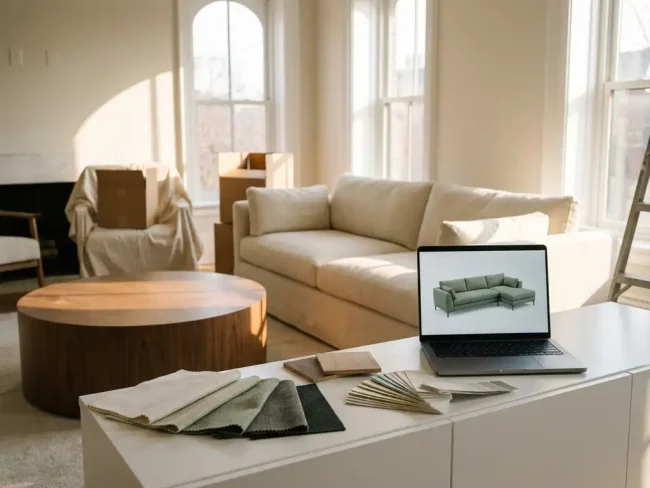 Fabric swatches, wood samples, and paint chips arranged beside a laptop showing a 3D sofa render during a living room interior design consultation.