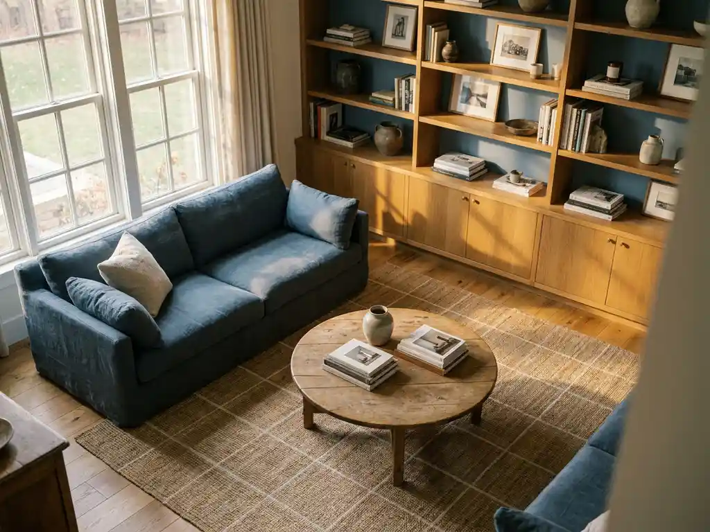 Sunlit living room with premium sofa, coffee table, and shelving unit in warm oak and slate blue tones, with a translucent floor grid for spatial planning.