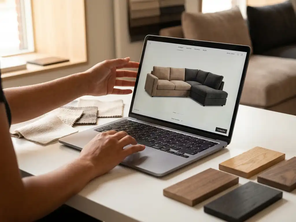 Hands hovering over a laptop displaying a modular sofa configurator, with fabric swatches and wood finish samples on a white desk nearby.