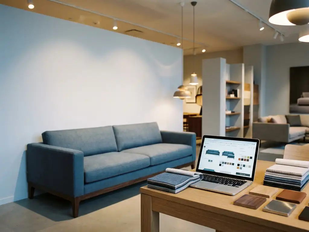 Luxury sofa in a modern showroom beside a laptop displaying a configuration interface, with fabric swatches on a light oak surface.
