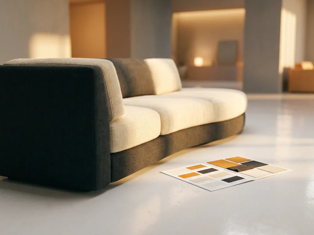 Modern ivory sofa beside its product catalog sheet on a white showroom surface, warm golden-hour light highlighting curved upholstery texture.