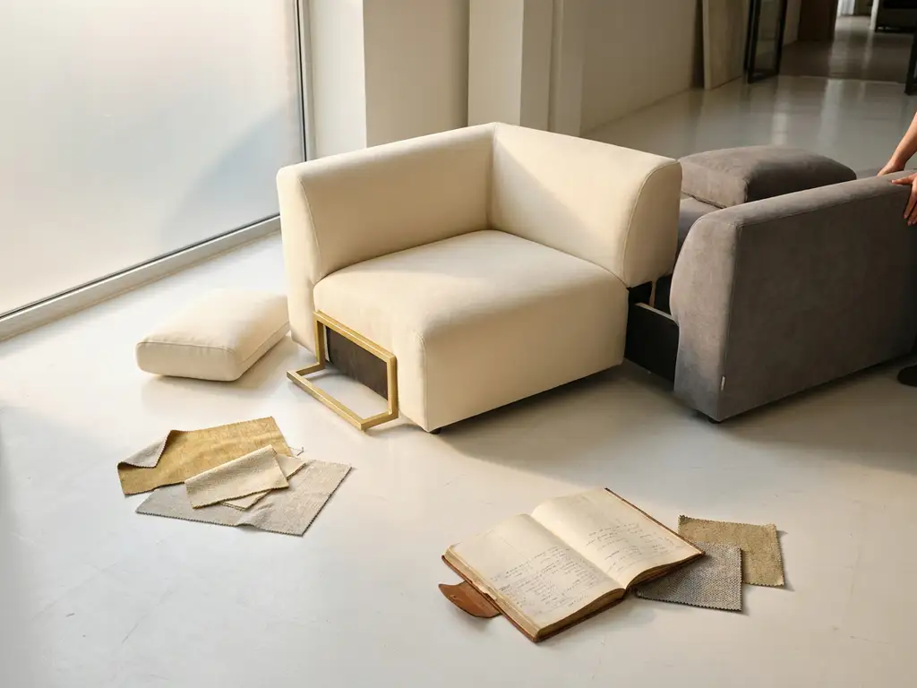 Modern sofa assembly in a minimalist showroom beside an open pricing ledger and fabric swatches, warm ivory and charcoal palette.