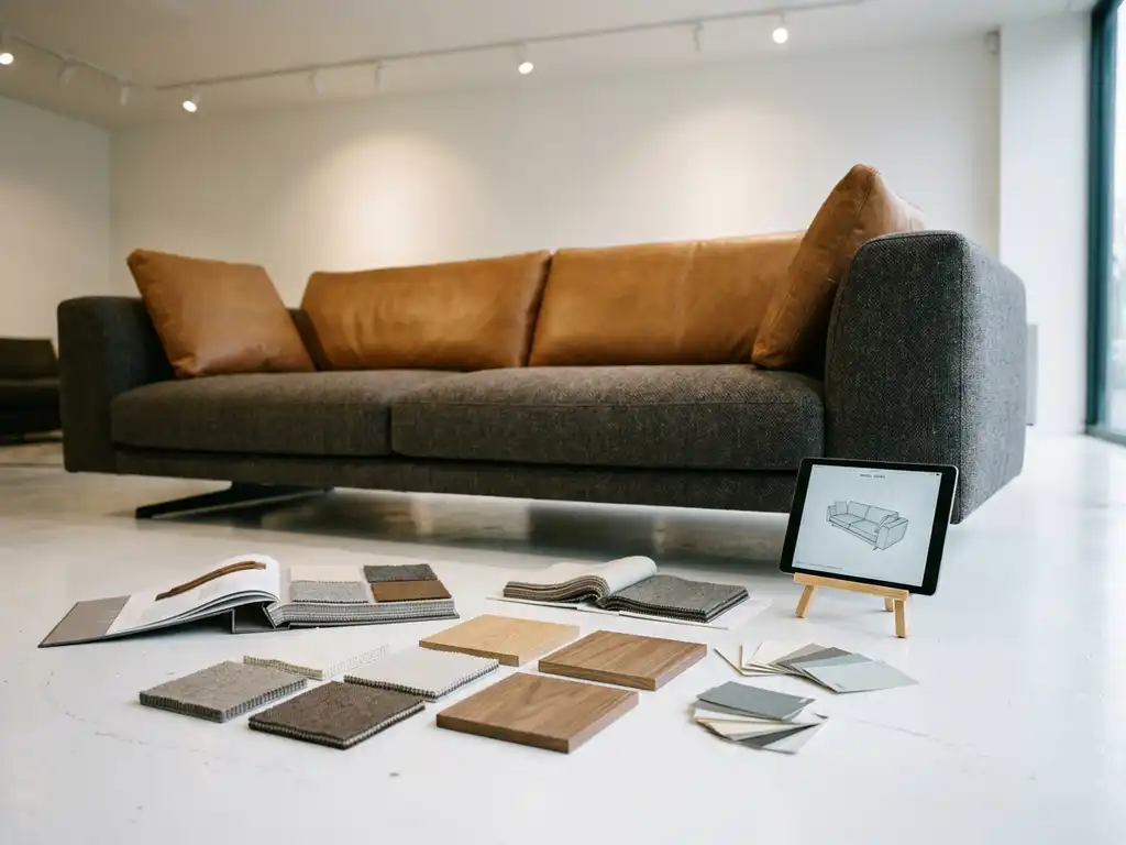Modern sofa on white showroom floor surrounded by fabric swatches, wood tiles, and color chips, with a tablet displaying a 3D furniture model.