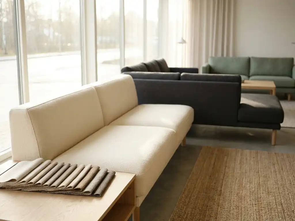 Modern sofa in ivory, charcoal, and sage green fabric options displayed in a Scandinavian showroom with textile swatches on pale oak.