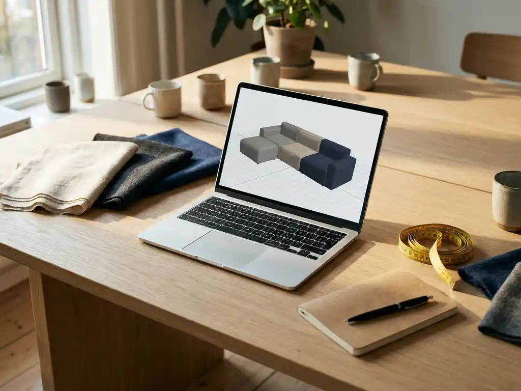 Laptop showing a 3D modular sofa configurator on a Scandinavian oak desk with fabric swatches, measuring tape, and notebook in warm natural light.