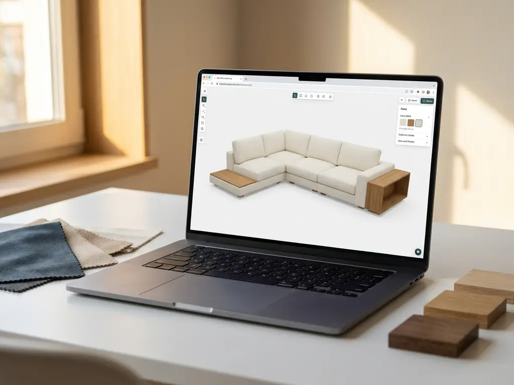 Photorealistic 3D room planner on a laptop displaying a modular sofa configurator, surrounded by material swatches and wood finish samples on a white desk.