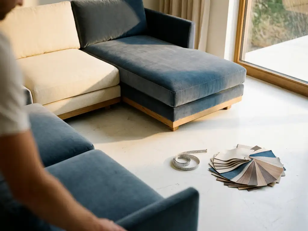 Modular sofa being assembled on a white showroom floor with fabric swatches, finish samples, and a measuring tape in warm afternoon light.