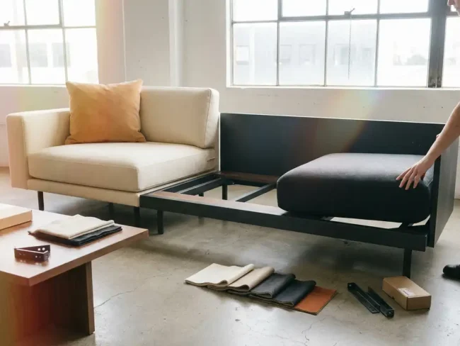 Modular sofa mid-assembly on polished concrete floor, ivory and charcoal fabric swatches beside a styled section and bare base frame in diffused showroom light.