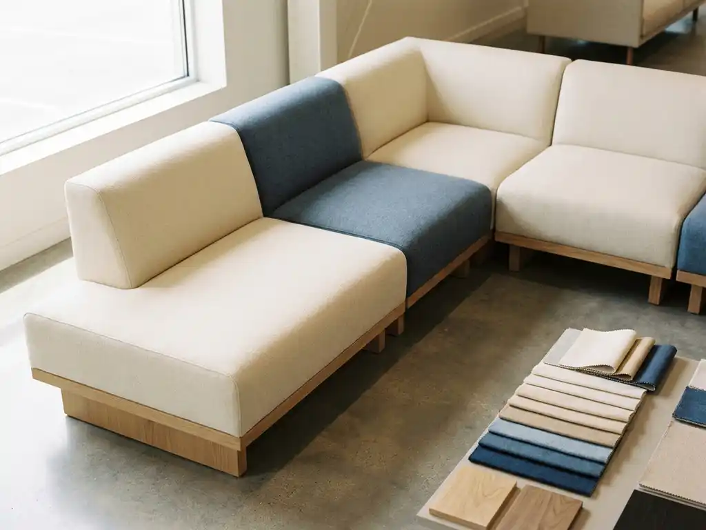 Modular sofa mid-configuration in a showroom with fabric swatches and wood finish samples in ivory, slate blue, and natural oak tones.