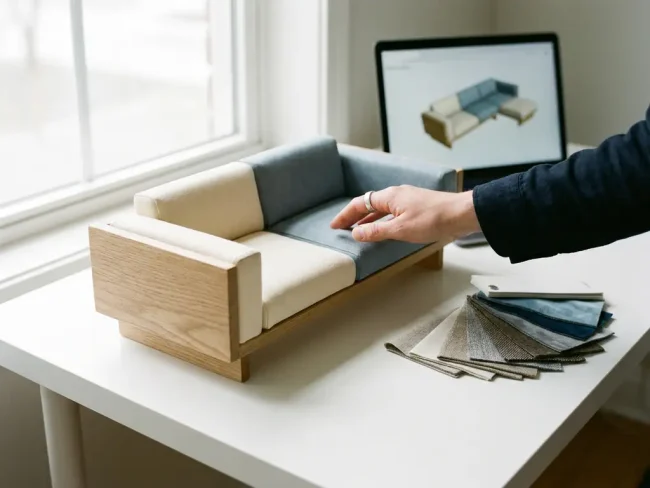 Designer's hand arranging a modular sofa configuration with fabric swatches and a 3D furniture model on a laptop nearby.