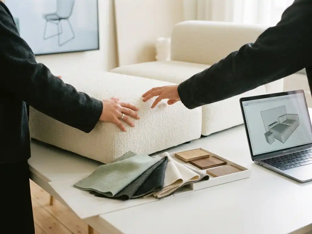 Designer arranging a modular sofa configuration with fabric swatches, wood samples, and a 3D furniture model on a nearby laptop.