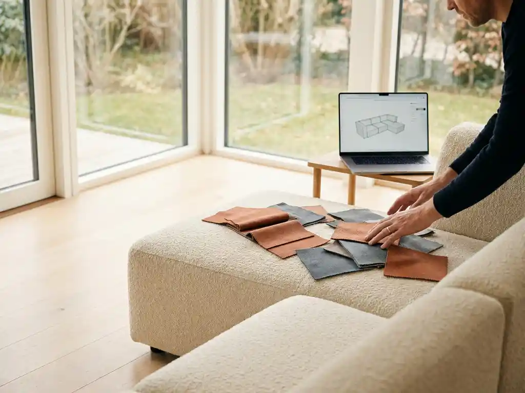 Hands configuring a modular sofa surrounded by terracotta and slate grey fabric swatches in a Scandinavian showroom with a 3D furniture model on a nearby laptop.