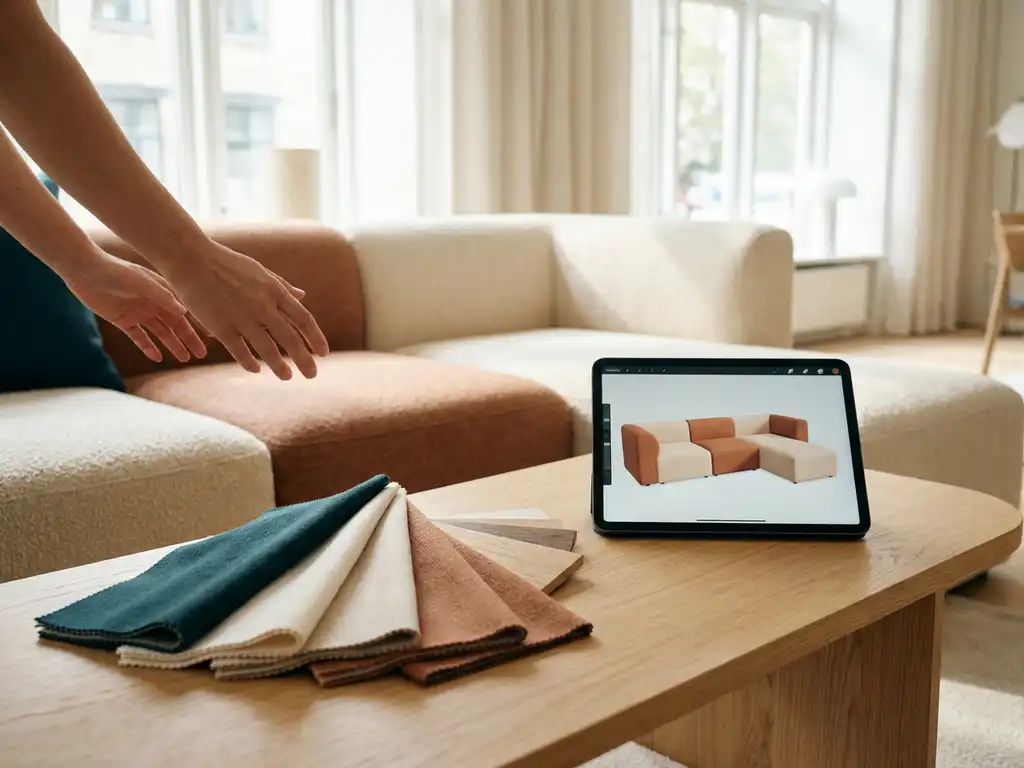 Customer selecting fabric swatches for a modular sofa beside a tablet showing a 3D furniture rendering in a sunlit Scandinavian showroom.