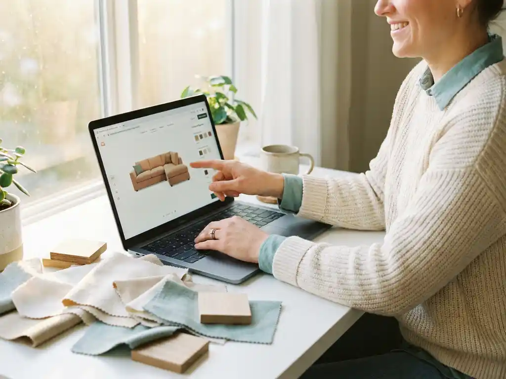 Furniture retailer customizing modular sofa layout on laptop surrounded by fabric swatches and wood finish samples on a bright desk.