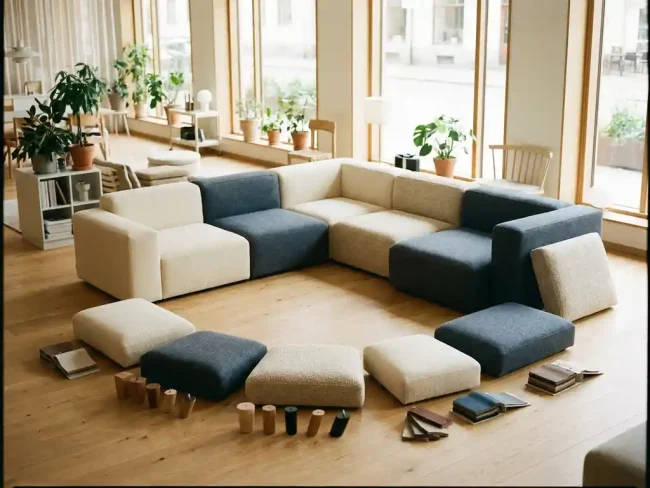 Modular sofa displayed in a Scandinavian showroom with ivory and slate blue fabric swatches, oak leg options, and cushion modules arranged in an arc.