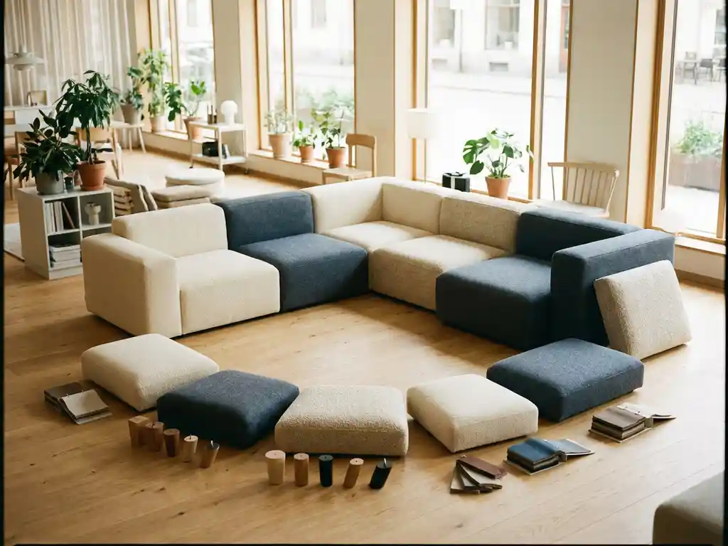 Modular sofa displayed in a Scandinavian showroom with ivory and slate blue fabric swatches, oak leg options, and cushion modules arranged in an arc.
