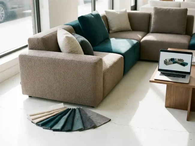 Modular sofa in warm taupe displayed with teal and charcoal fabric swatches beside an open laptop showing a 3D furniture model in a sunlit showroom.