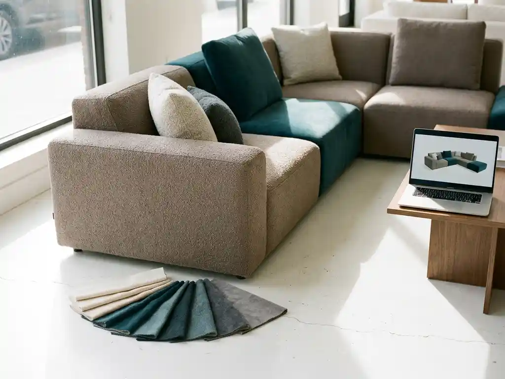Modular sofa in warm taupe displayed with teal and charcoal fabric swatches beside an open laptop showing a 3D furniture model in a sunlit showroom.