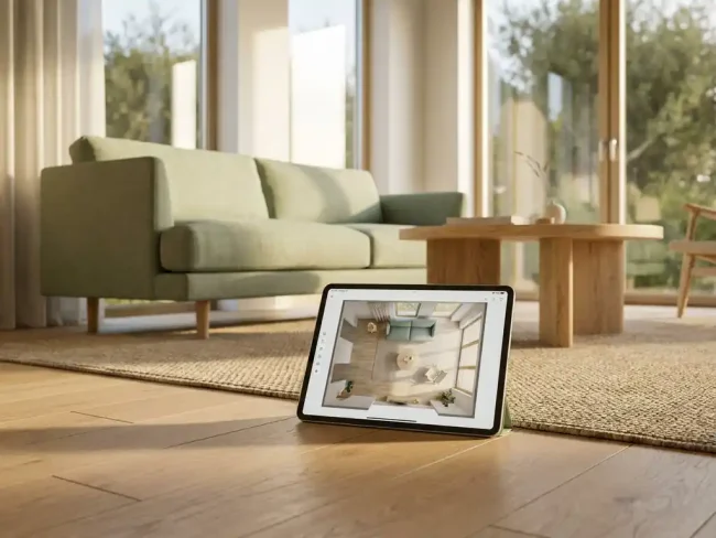 Tablet displaying a 3D furniture layout app in a Scandinavian living room with matching minimalist sofa and oak coffee table bathed in afternoon light.