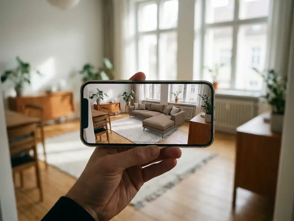 Smartphone screen displaying AR overlay of a taupe sofa in a sunlit Scandinavian living room with tall windows and soft natural light.