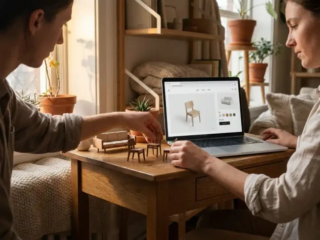 Small business owner arranging miniature furniture samples on a wooden desk beside a laptop showing a 3D product configurator tool.