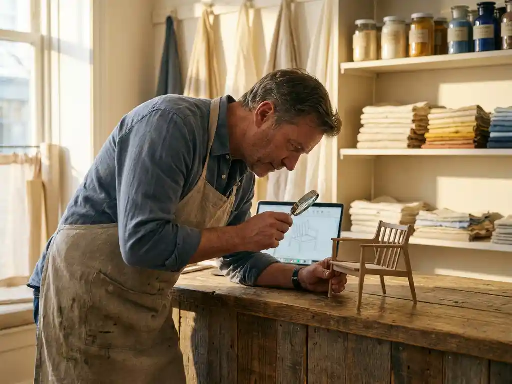 Small business owner examining a 3D furniture prototype on a wooden retail counter beside an open laptop, fabric swatches on shelves behind.