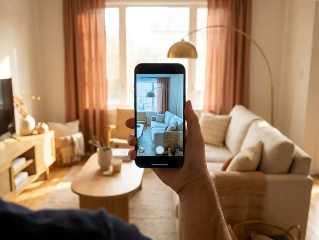 Smartphone held up to a living room showing AR furniture preview on screen, matching sofa and floor lamp visible in warm afternoon light.