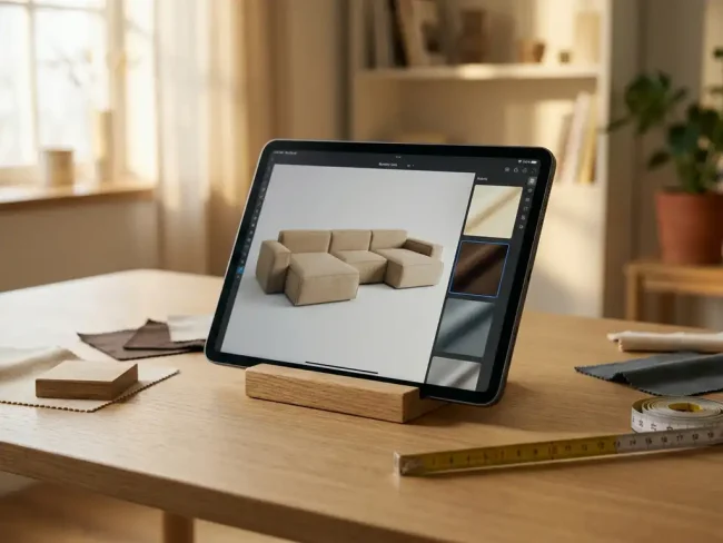 Tablet on oak desk displaying a 3D sofa configurator beside fabric swatches, wood samples, and a measuring tape in warm golden light.