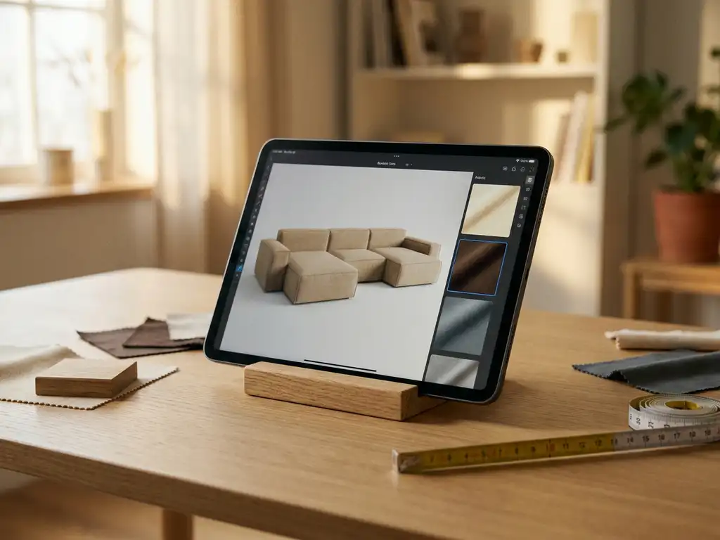 Tablet on oak desk displaying a 3D sofa configurator beside fabric swatches, wood samples, and a measuring tape in warm golden light.