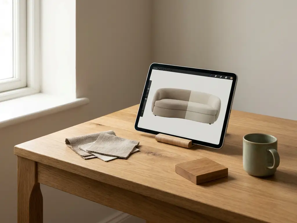 Tablet on a sunlit wooden desk displaying a 3D sofa design, surrounded by fabric swatches and a small furniture sample.